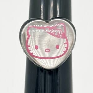 Silver Tone Heart Shaped Ring With Pink Hello Kitty Face Adjustable Size 7